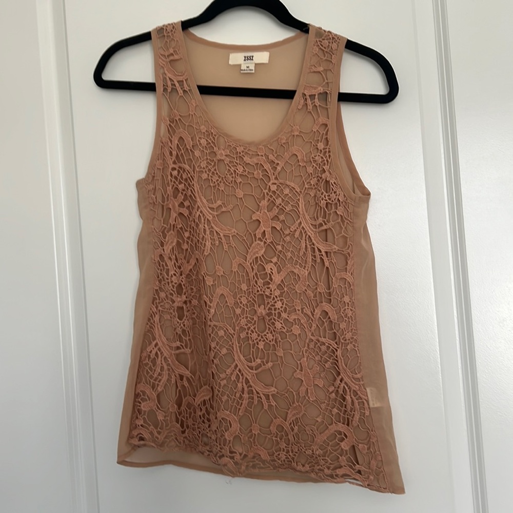 Issi Women’s Sheer Nude Tan Colored Crocheted front tank top size M